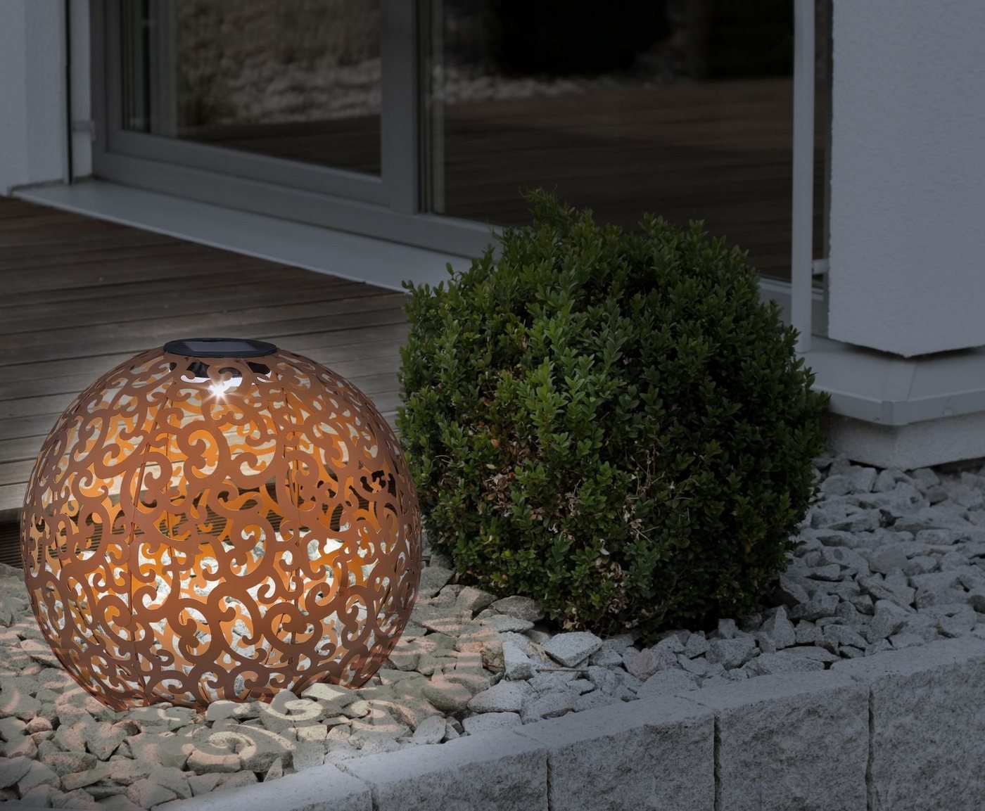bmf-versand LED Solarleuchte Solarleuchten Garten 2er Set Kugel Metall Rostoptik Solarlampe Außen, Rost farben, LED fest integriert, Warmweiß, Solarkugel Bild 2