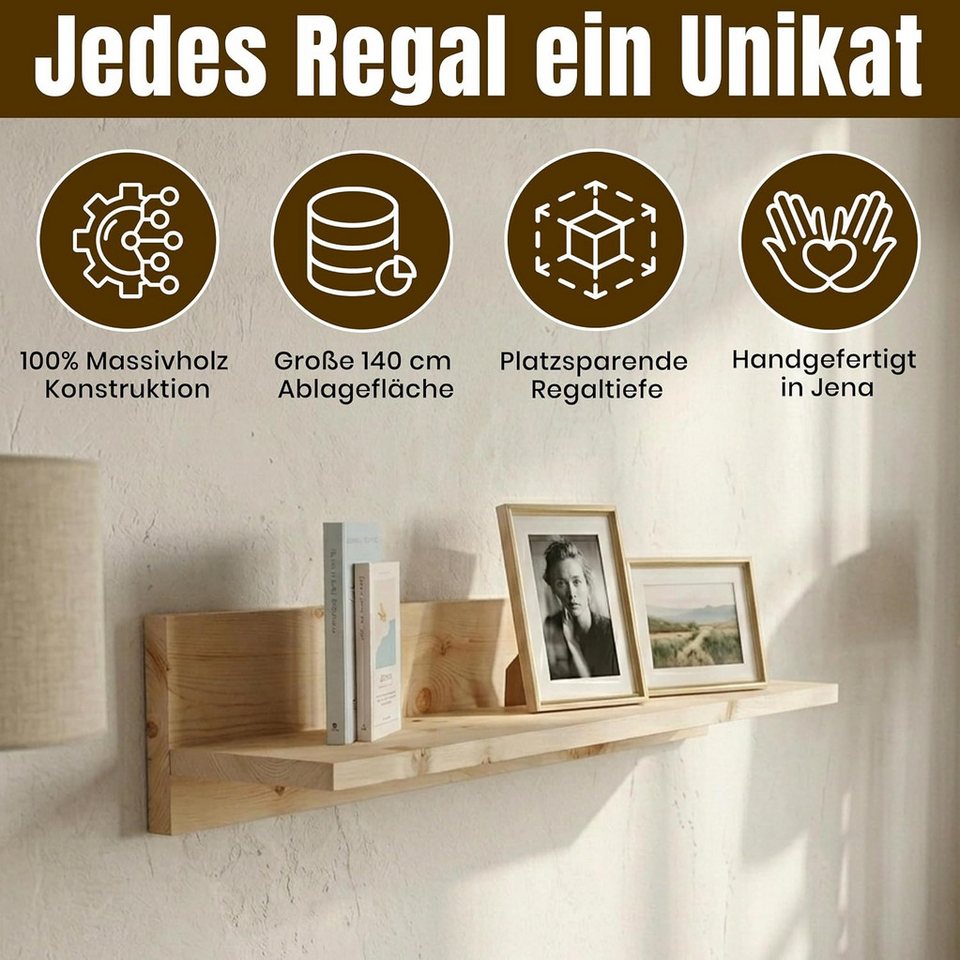 geborgenschlafen Wandregal aus Zirbenholz, 140 cm – naturbelassen – Massivholz – handgefertigt, Massivholz-Zirbe – naturbelassen & duftend Bild 4