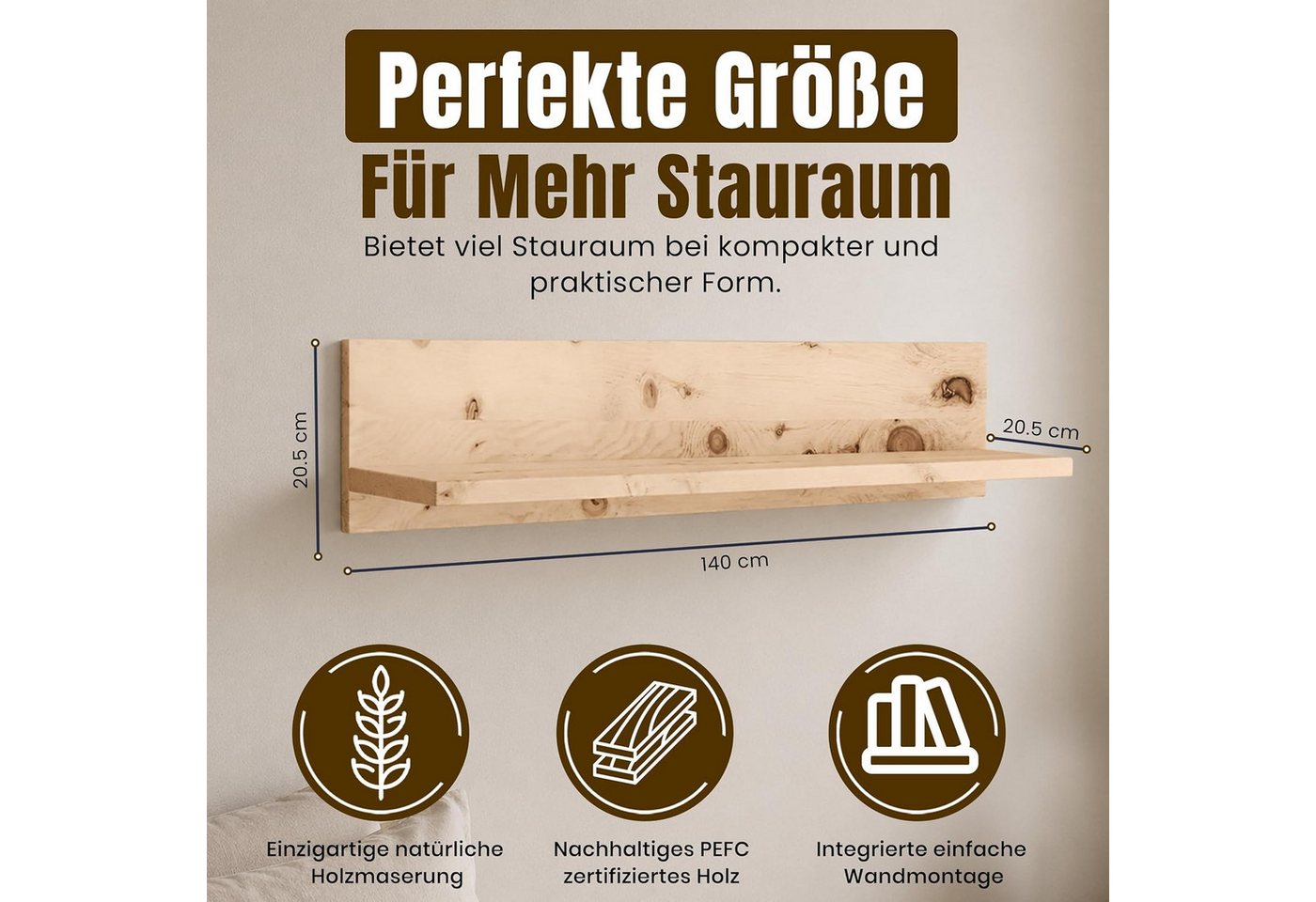 geborgenschlafen Wandregal aus Zirbenholz, 140 cm – naturbelassen – Massivholz – handgefertigt, Massivholz-Zirbe – naturbelassen & duftend Bild 5