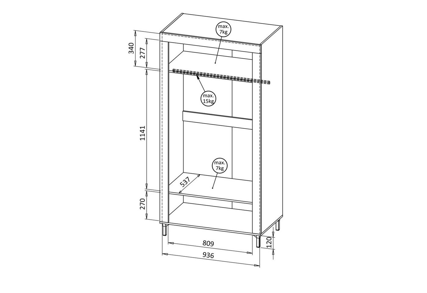 Beautysofa Drehtürenschrank Zweitürer Monta mit zwei Ablageflächen und einer Kleiderstange Bild 2