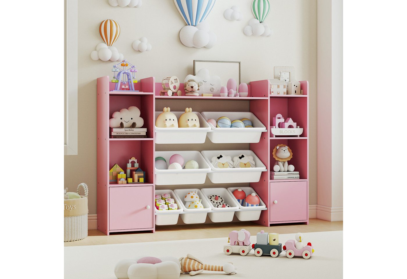 COSTWAY Kinderregal, 4-stöckiges Spielzeugregal mit 8 Boxen, Holz, rosa