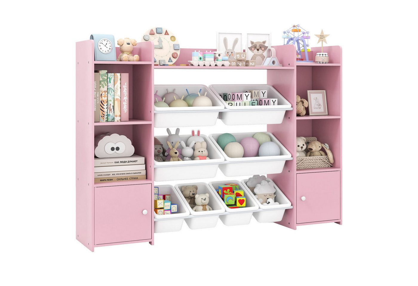 COSTWAY Kinderregal, 4-stöckiges Spielzeugregal mit 8 Boxen, Holz, rosa Bild 2