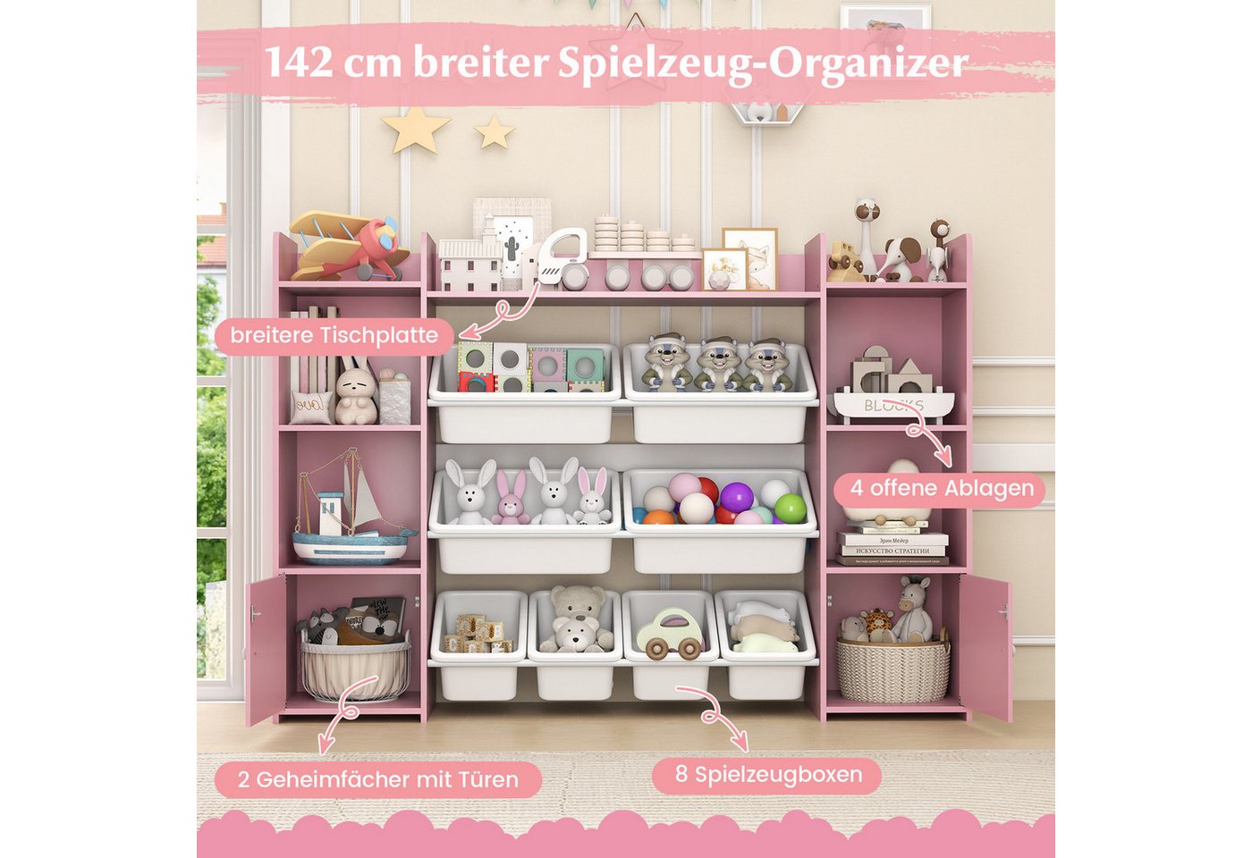 COSTWAY Kinderregal, 4-stöckiges Spielzeugregal mit 8 Boxen, Holz, rosa Bild 3