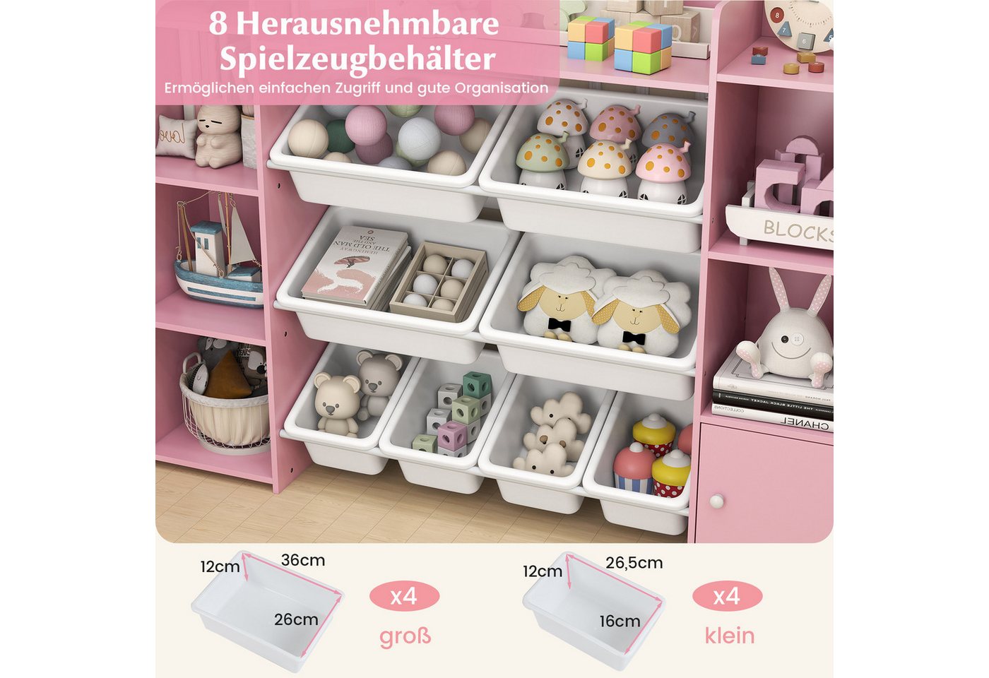 COSTWAY Kinderregal, 4-stöckiges Spielzeugregal mit 8 Boxen, Holz, rosa Bild 4
