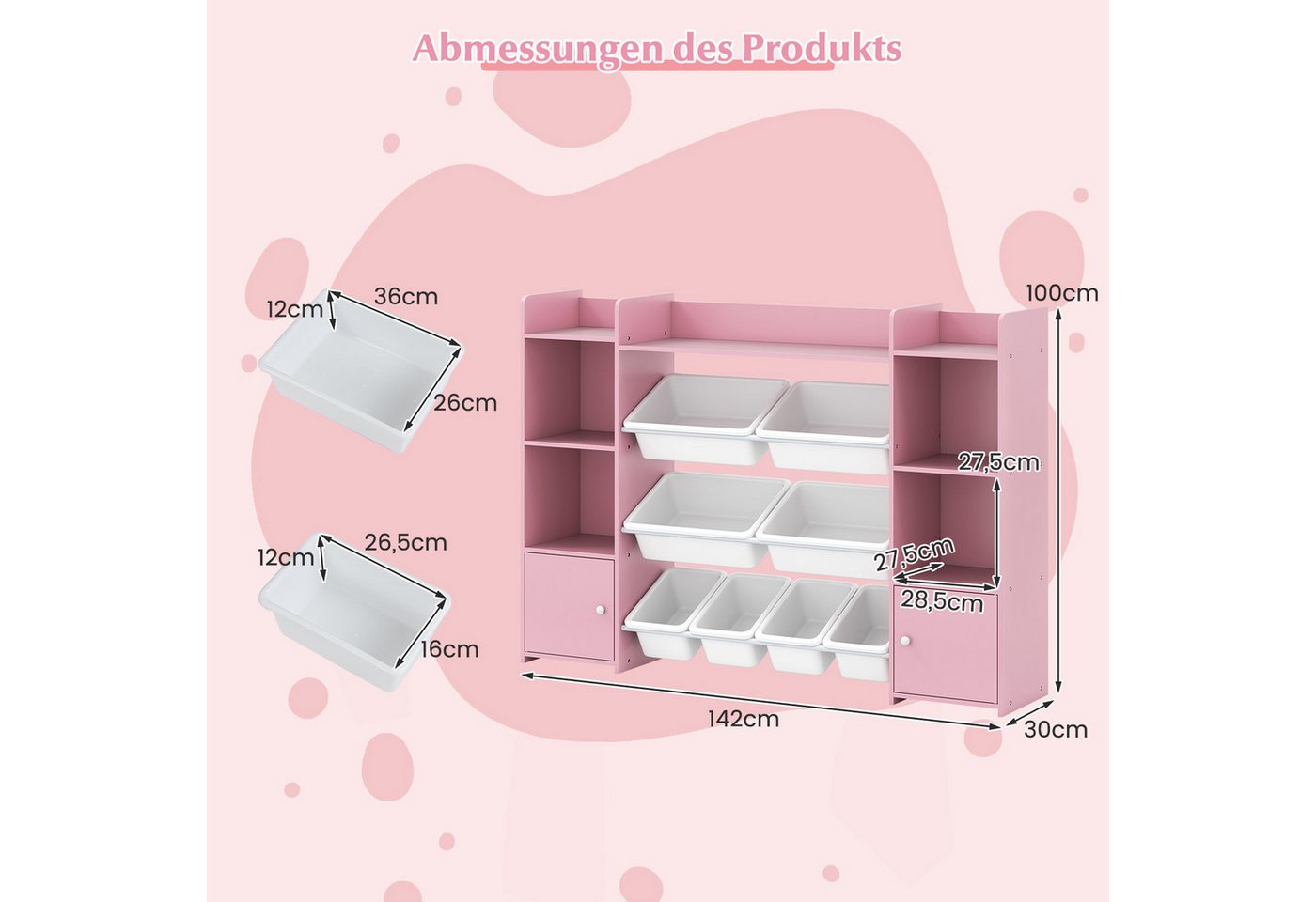COSTWAY Kinderregal, 4-stöckiges Spielzeugregal mit 8 Boxen, Holz, rosa Bild 5