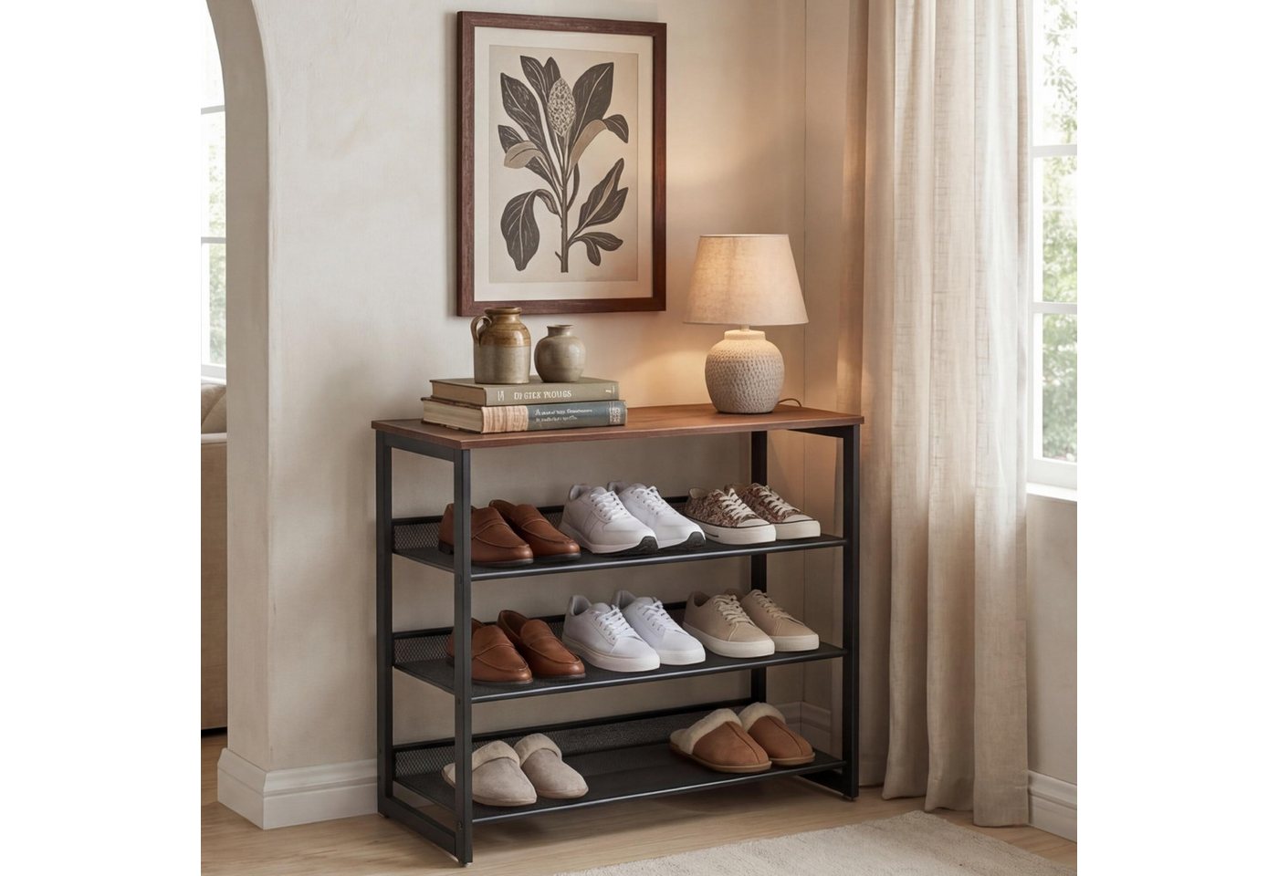 SURFOU Schuhregal Schuhregal schmal, Schuhregal platzsparend - 4 Ebenen mit Holzablage, Schuhregal holz, Schuhablage, Schuhregal klein, Schuhregal mit 4 verstellbaren Gitterablagen, Holzplatte und Metallrahmen, Platz für bis zu 16 Paar Schuhe, ideal für Flur, Eingangsbereich und Schlafzimmer 1-tlg., 63,5 x 30 x 71 cm, Verstellbar
