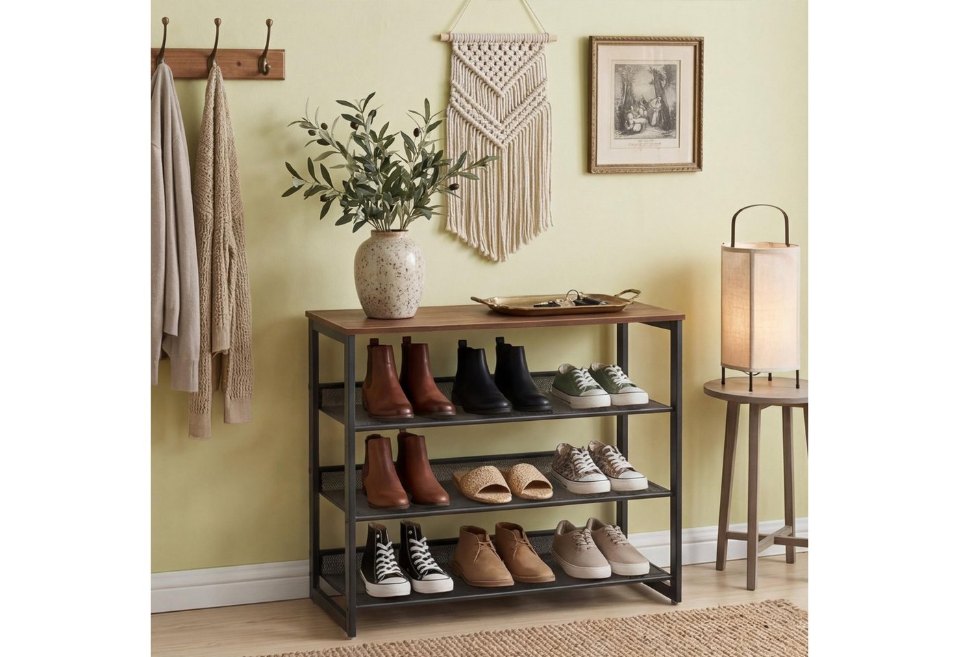 SURFOU Schuhregal Schuhregal schmal, Schuhregal platzsparend - 4 Ebenen mit Holzablage, Schuhregal holz, Schuhablage, Schuhregal klein, Schuhregal mit 4 verstellbaren Gitterablagen, Holzplatte und Metallrahmen, Platz für bis zu 16 Paar Schuhe, ideal für Flur, Eingangsbereich und Schlafzimmer 1-tlg., 63,5 x 30 x 71 cm, Verstellbar Bild 2
