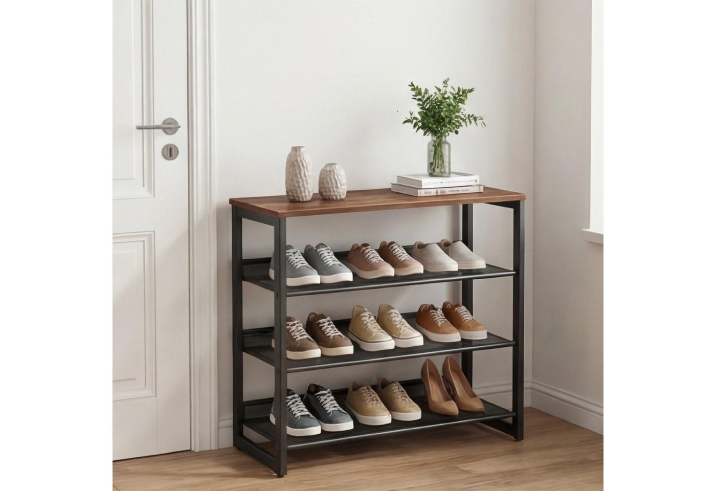 SURFOU Schuhregal Schuhregal schmal, Schuhregal platzsparend - 4 Ebenen mit Holzablage, Schuhregal holz, Schuhablage, Schuhregal klein, Schuhregal mit 4 verstellbaren Gitterablagen, Holzplatte und Metallrahmen, Platz für bis zu 16 Paar Schuhe, ideal für Flur, Eingangsbereich und Schlafzimmer 1-tlg., 63,5 x 30 x 71 cm, Verstellbar Bild 3