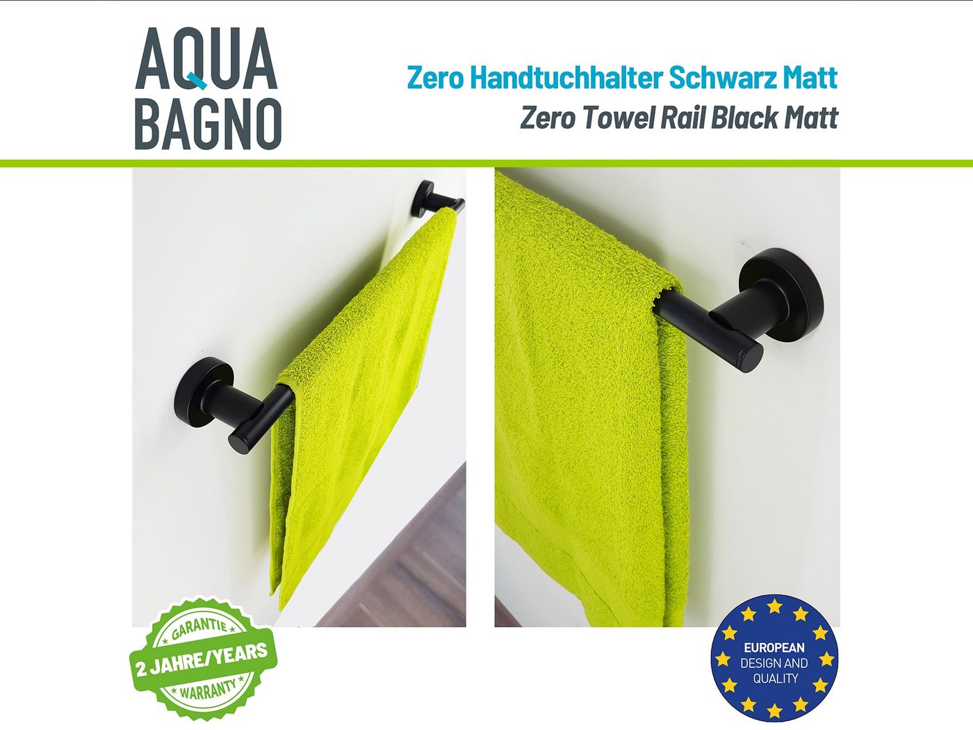 Aqua Bagno Handtuchhalter Aqua Bagno ZERO Handtuchhalter schwarz matt 50cm lang