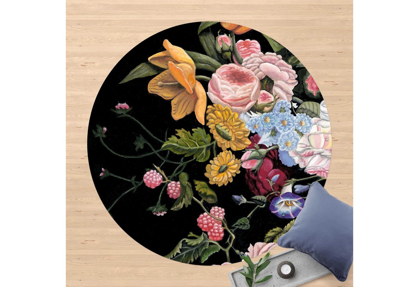 Bilderdepot24 Teppich Vinyl Wohnzimmer Schlafzimmer Flur Küche Blumen modern, rund - bunt glatt, nass wischbar (Küche, Tierhaare) - Saugroboter & Bodenheizung geeignet Bild 2
