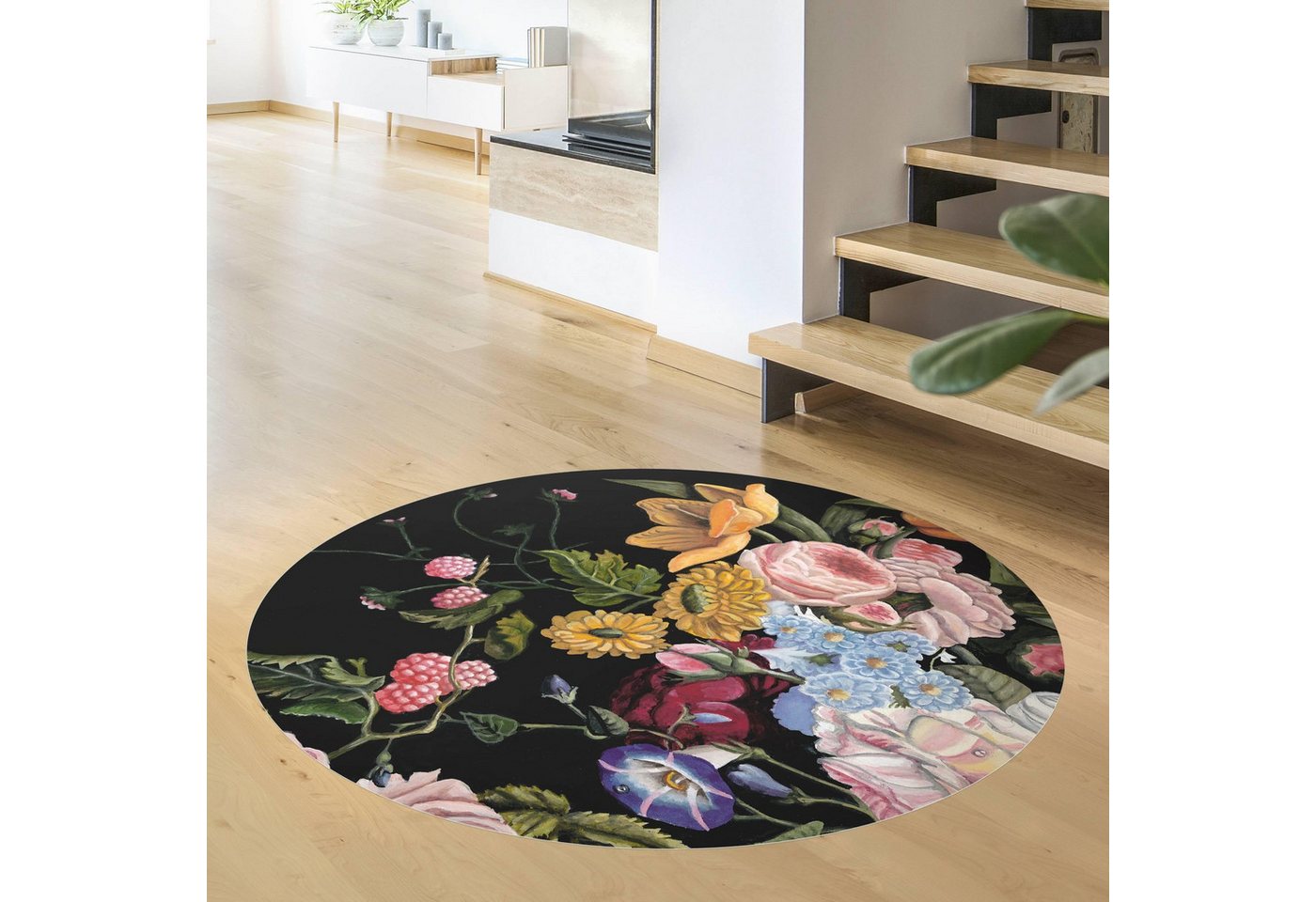 Bilderdepot24 Teppich Vinyl Wohnzimmer Schlafzimmer Flur Küche Blumen modern, rund - bunt glatt, nass wischbar (Küche, Tierhaare) - Saugroboter & Bodenheizung geeignet Bild 3
