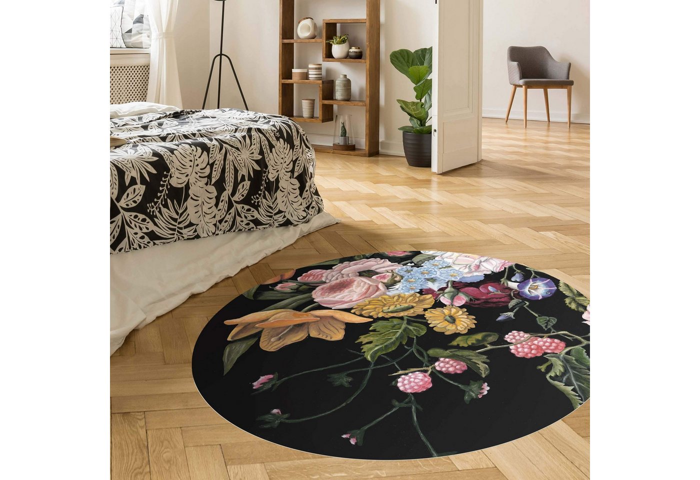 Bilderdepot24 Teppich Vinyl Wohnzimmer Schlafzimmer Flur Küche Blumen modern, rund - bunt glatt, nass wischbar (Küche, Tierhaare) - Saugroboter & Bodenheizung geeignet Bild 4