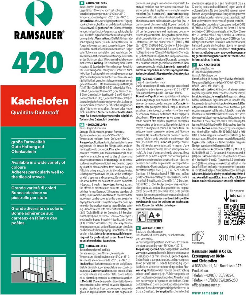 Ramsauer Dichtstoff Ramsauer 420 Kachelofen Acryl Dichtstoff 310ml Kartusche sandbeige, gebrauchsfertig, geruchsneutral, hitzefest und brandbeständig, siliconfrei Bild 4