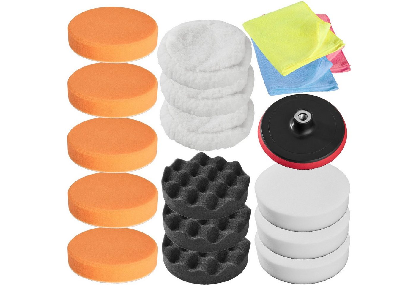 tectake Polierschwamm 18-teiliges Polierteller-Set mit Klettverschluss, 3 Polierfelle, (Polierhauben-Set, 1 St., in weiß), 11 Polierschwämme, 3 Mikrofasertücher, M14-Polierteller 150 mm Bild 2