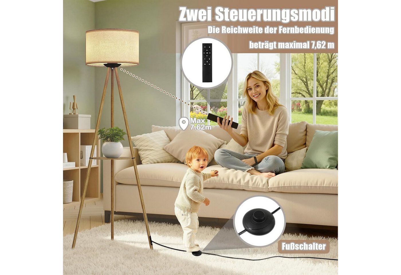 TLGREEN Stehlampe Dimmbar mit Fernbedienung & Ablage, 3 Farbtemperaturen, Timer & Memory Funktion, Stabiles Dreibein Design, Für Wohnzimmer, Schlafzimmer, Büro, E27 Fassung Bild 3