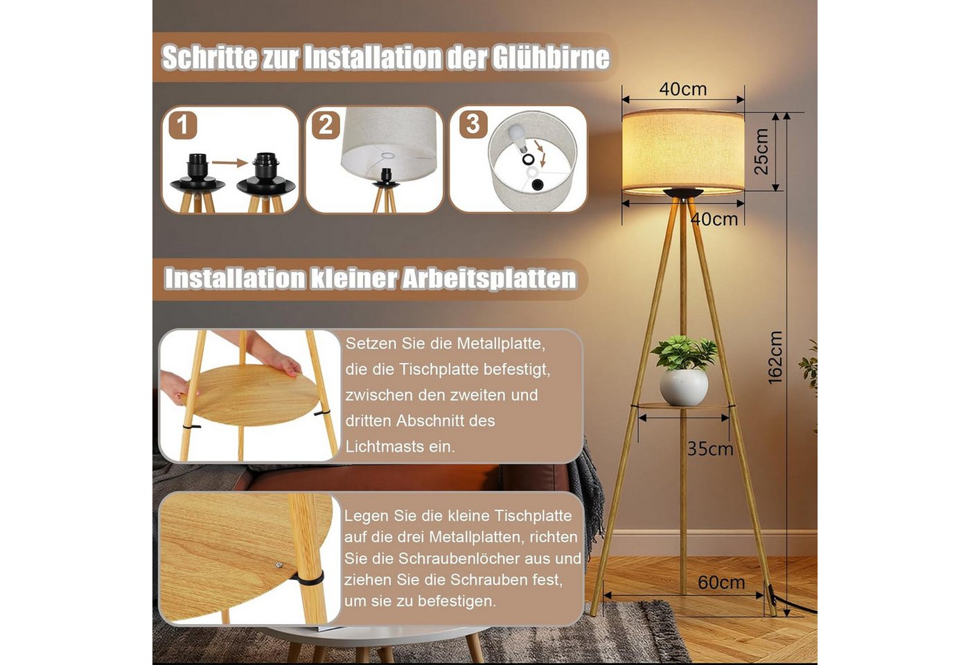 TLGREEN Stehlampe Dimmbar mit Fernbedienung & Ablage, 3 Farbtemperaturen, Timer & Memory Funktion, Stabiles Dreibein Design, Für Wohnzimmer, Schlafzimmer, Büro, E27 Fassung Bild 5