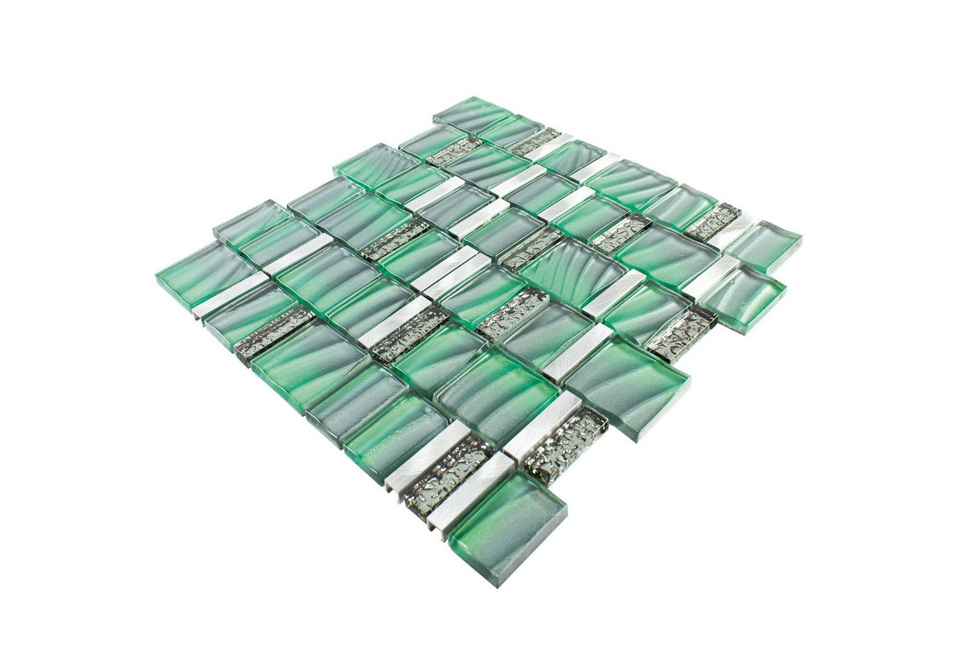Mosafil Mosaikfliesen Glas Metall Mosaikfliesen Union, Glas-Aluminium 29.700x29.500, silber-grün, Verlegefertig auf ein Netz geklebt