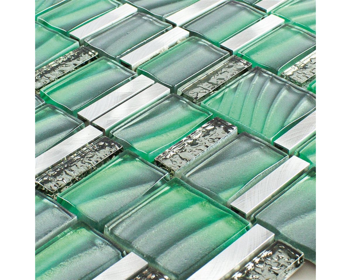 Mosafil Mosaikfliesen Glas Metall Mosaikfliesen Union, Glas-Aluminium 29.700x29.500, silber-grün, Verlegefertig auf ein Netz geklebt Bild 2