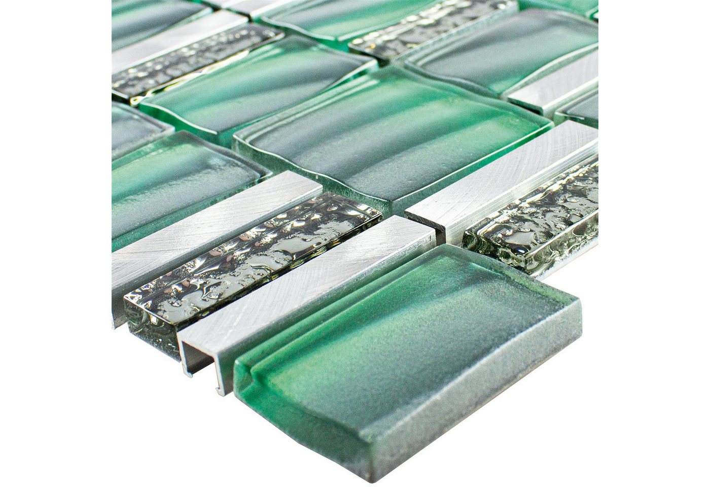 Mosafil Mosaikfliesen Glas Metall Mosaikfliesen Union, Glas-Aluminium 29.700x29.500, silber-grün, Verlegefertig auf ein Netz geklebt Bild 3