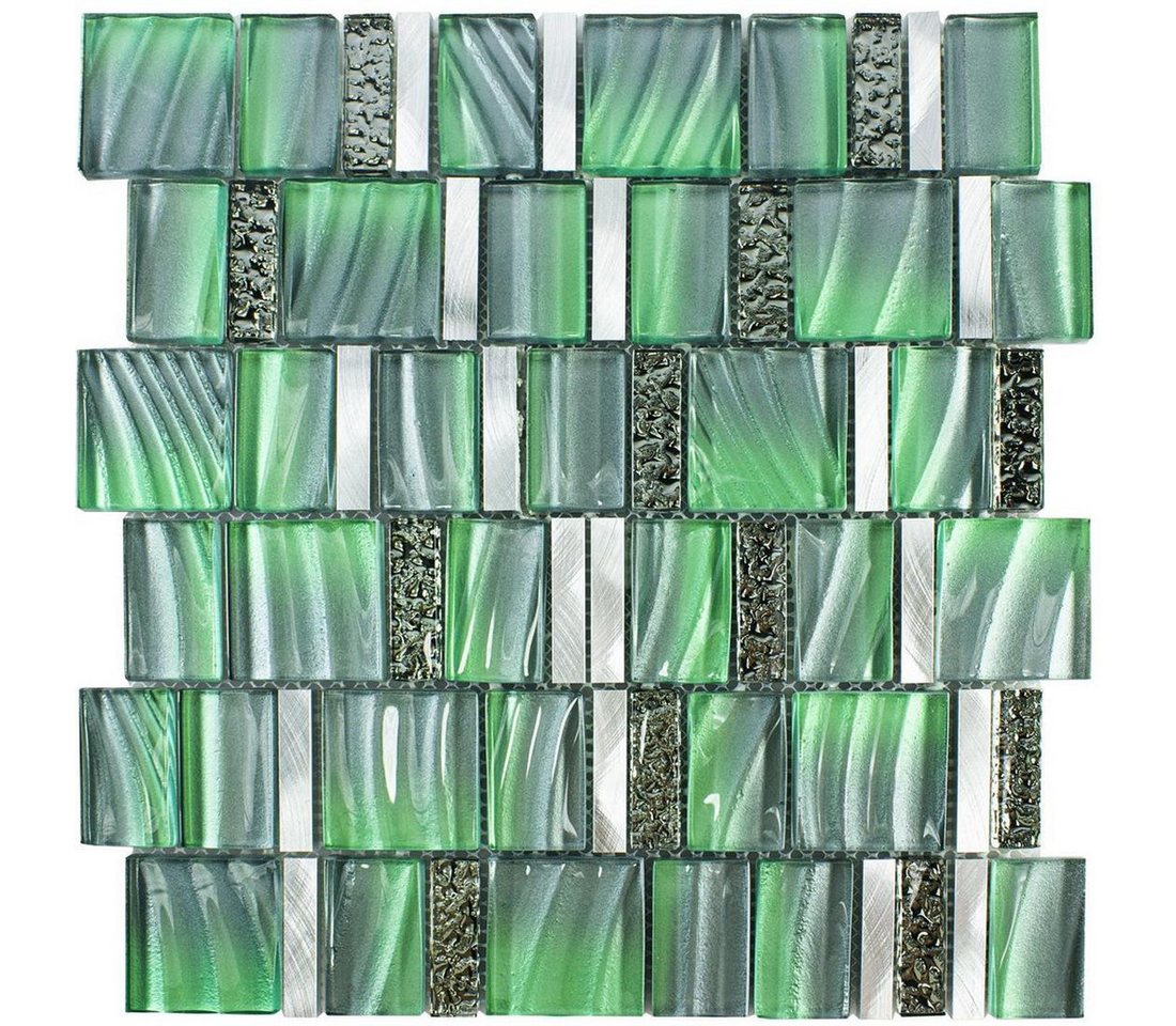 Mosafil Mosaikfliesen Glas Metall Mosaikfliesen Union, Glas-Aluminium 29.700x29.500, silber-grün, Verlegefertig auf ein Netz geklebt Bild 4