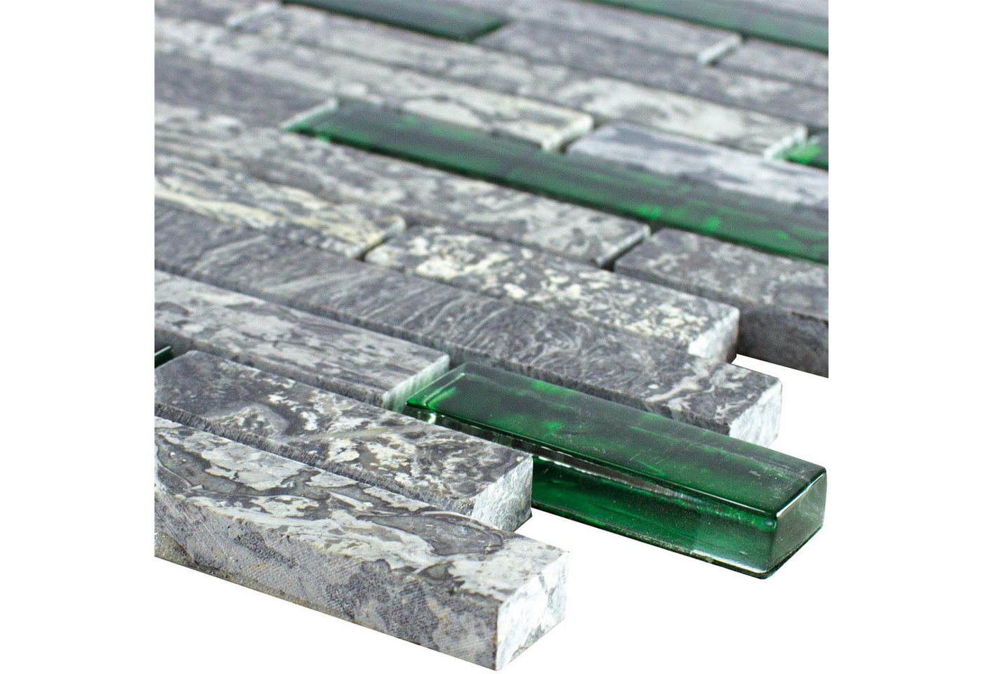 Mosafil Mosaikfliesen Glas Naturstein Mosaik Fliesen Manavgat Brick, Naturstein-Glas 30.000x29.000, grau-grün, Wasserfest