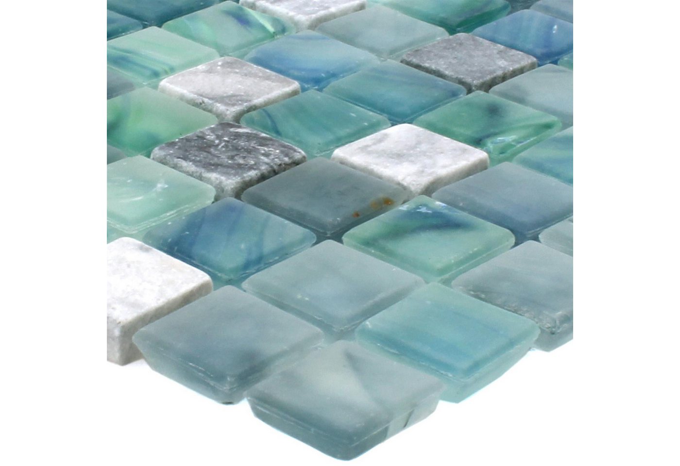 Mosafil Mosaikfliesen Mosaikfliesen Mayon Glas Marmor Mix Seegrün, Naturstein-Glas 29.500x29.500, grau-seegrün, Verlegefertig auf ein Netz geklebt - Frostsicher - Wasserfest Bild 2