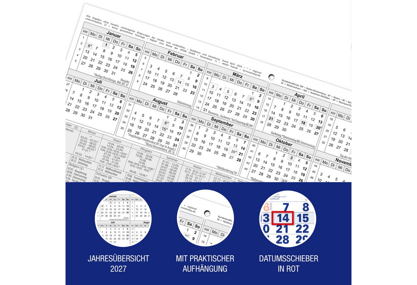 TOBJA Wandkalender 3 Monatskalender 2027 Blau mit Datumsschieber 30x56 FSC, Blau, Datumsschieber, Schulferien DE+AT, 4-sprachig, FSC-zertifiziert