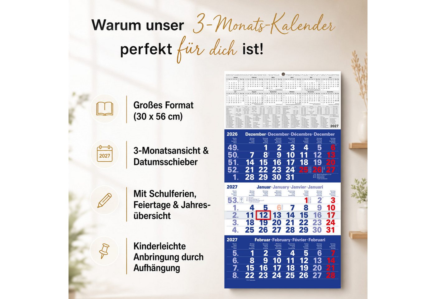 TOBJA Wandkalender 3 Monatskalender 2027 Blau mit Datumsschieber 30x56 FSC, Blau, Datumsschieber, Schulferien DE+AT, 4-sprachig, FSC-zertifiziert Bild 2