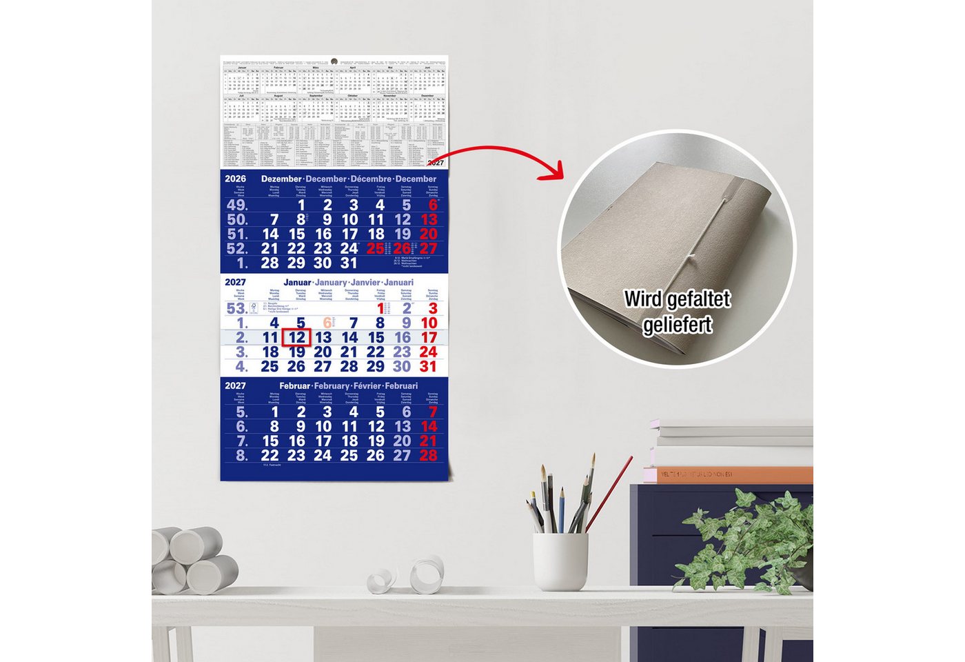 TOBJA Wandkalender 3 Monatskalender 2027 Blau mit Datumsschieber 30x56 FSC, Blau, Datumsschieber, Schulferien DE+AT, 4-sprachig, FSC-zertifiziert Bild 3