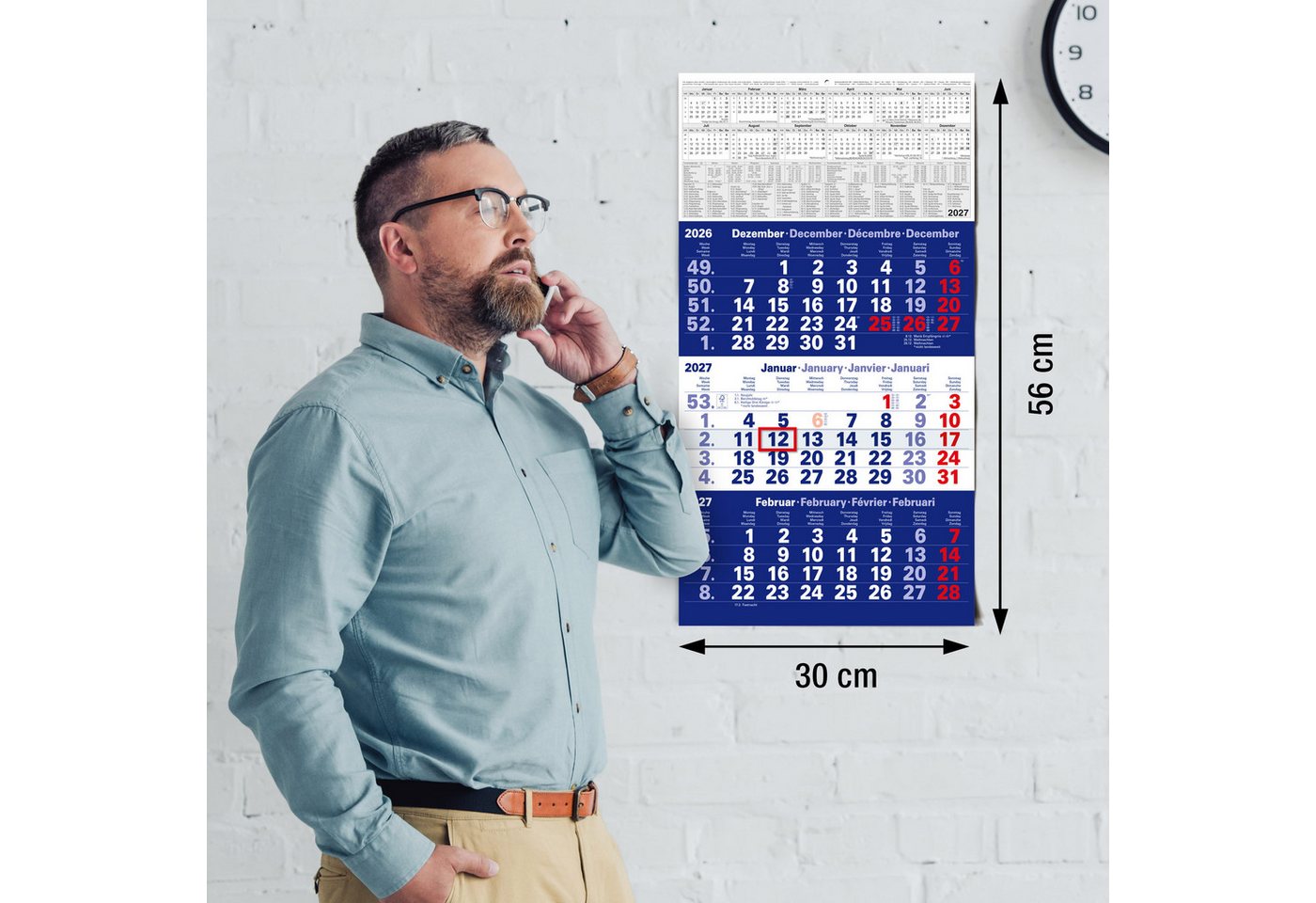 TOBJA Wandkalender 3 Monatskalender 2027 Blau mit Datumsschieber 30x56 FSC, Blau, Datumsschieber, Schulferien DE+AT, 4-sprachig, FSC-zertifiziert Bild 4