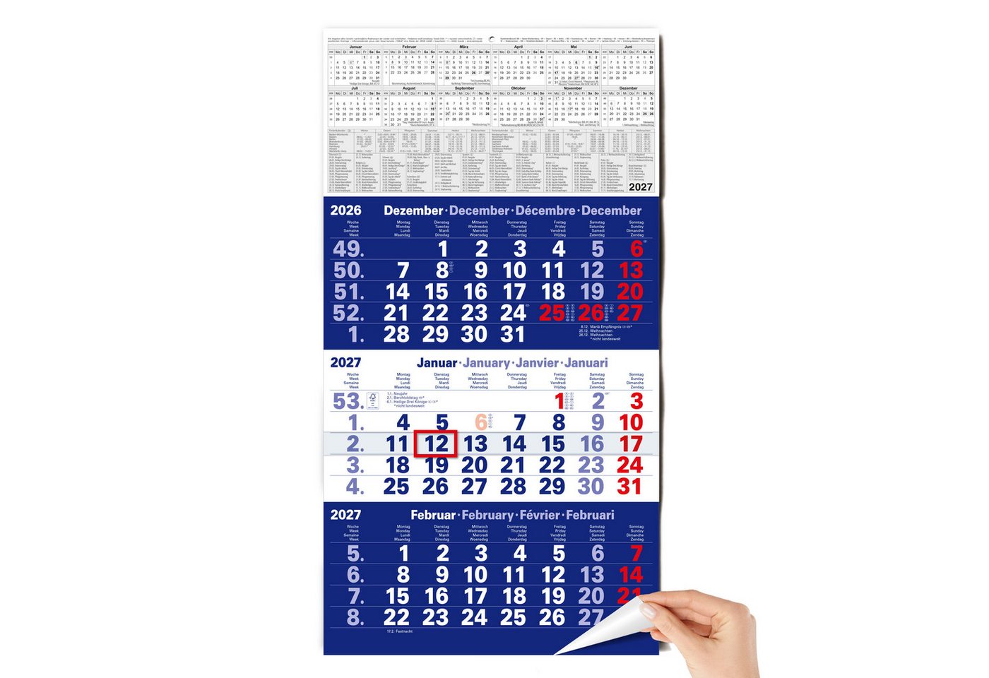 TOBJA Wandkalender 3 Monatskalender 2027 Blau mit Datumsschieber 30x56 FSC, Blau, Datumsschieber, Schulferien DE+AT, 4-sprachig, FSC-zertifiziert Bild 5