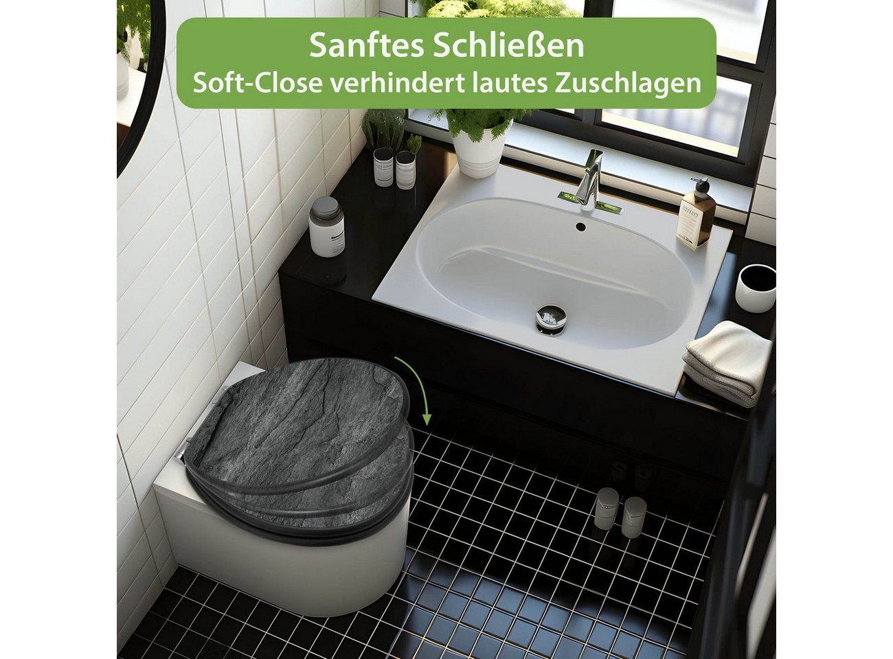 banjado WC-Sitz Anthrazit mit Absenkautomatik Motiv Schiefer Platte 1 (umweltfreundliches Material, integrierte Absenkautomatik), 46,5 x 38 x 5 cm Bild 2