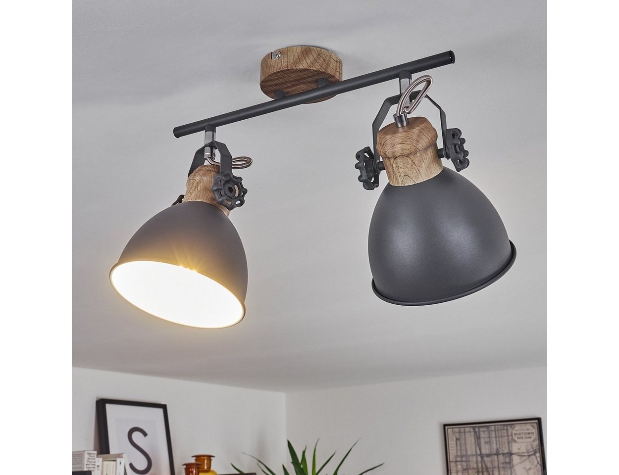 hofstein Deckenleuchte »Verago« industrielle Deckenlampe aus Metall in grau/holzoptik, ohne Leuchtmittel, 2xE27, ØSchirm 15cm, Höhe 26, 5cm, beliebig dreh-/schwenkbar