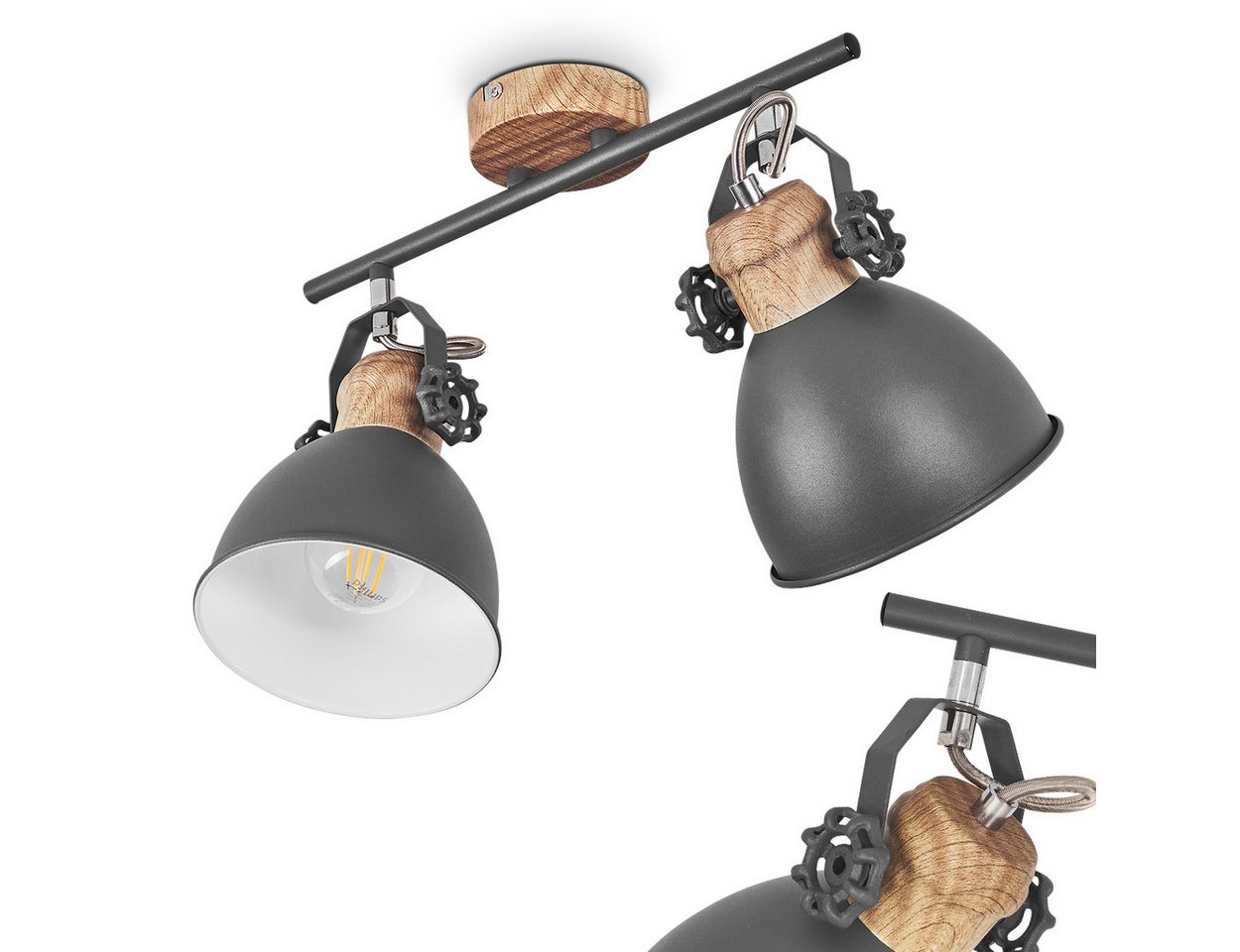 hofstein Deckenleuchte »Verago« industrielle Deckenlampe aus Metall in grau/holzoptik, ohne Leuchtmittel, 2xE27, ØSchirm 15cm, Höhe 26, 5cm, beliebig dreh-/schwenkbar Bild 2