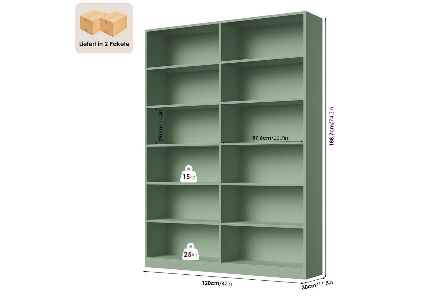Homfa Bücherregal 188,7cm Standregal Büroregal Raumteiler, mit 12 Fächern, Holz, 120x30x188,7cm, Grün Bild 3
