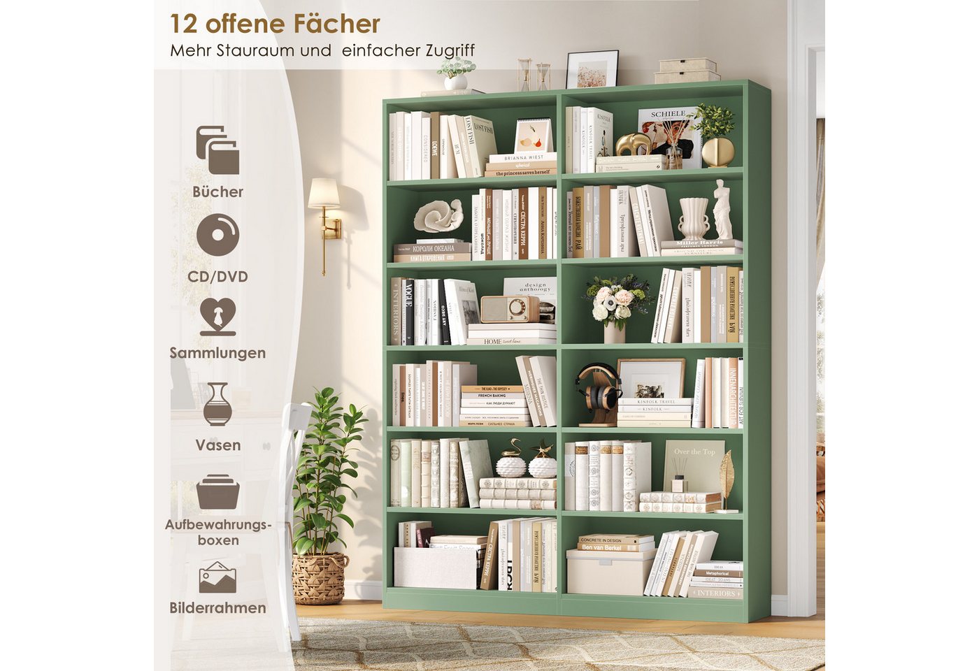Homfa Bücherregal 188,7cm Standregal Büroregal Raumteiler, mit 12 Fächern, Holz, 120x30x188,7cm, Grün Bild 4
