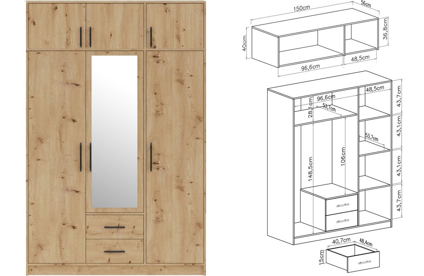 Marmex Möbel Garderobenschrank SMART 2+Spiegel/N Kleiderschrank Spiegelschrank 150 x 230 x 56 (2-St) Drehtürenschrank, Kleiderstange, Spiegel, 2 Schubladen, Schrankaufsatz Bild 2