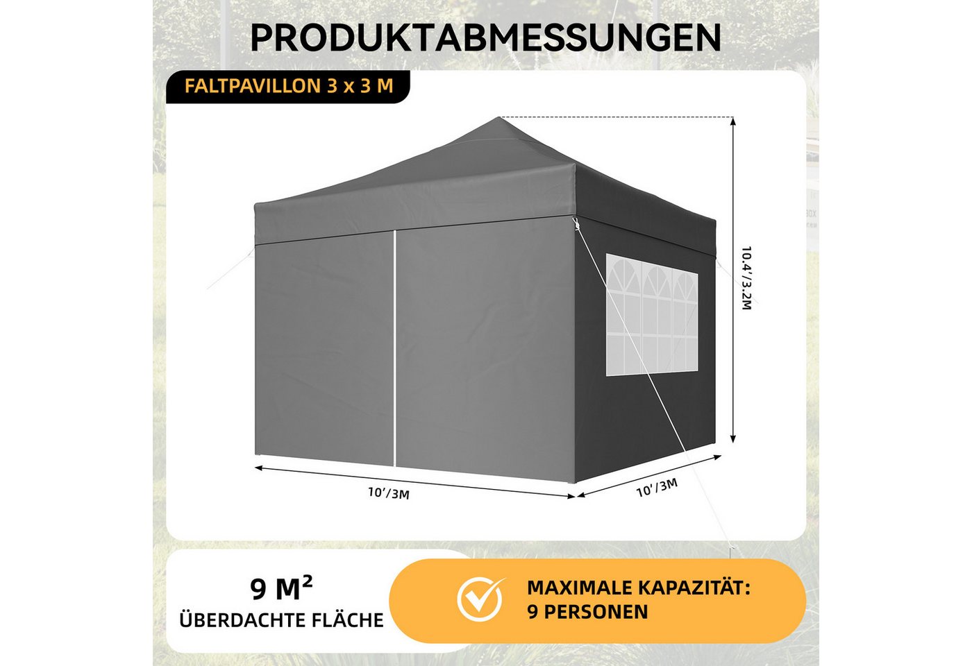 AOXUN Pavillon 3x3m Wasserdicht mit 4 Seitenwänden,Dunkelgrau, klappbar, 100% Wasserdicht & Hoher UV-Schutz