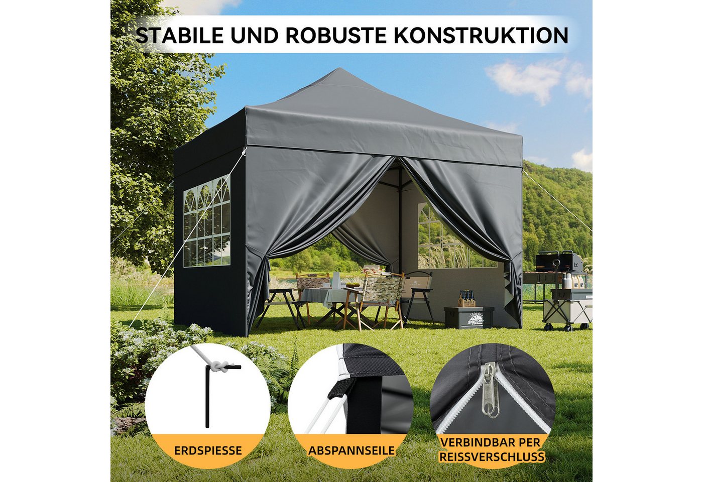 AOXUN Pavillon 3x3m Wasserdicht mit 4 Seitenwänden,Dunkelgrau, klappbar, 100% Wasserdicht & Hoher UV-Schutz Bild 4