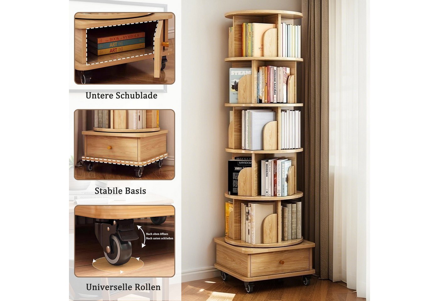 Luckice Bücherregal 6 StöCkiges Drehregal, 360° Drehbares Rundregal mit Rollen, Set, Platzsparendes Drehregal füR Kleine RäUme Bild 2