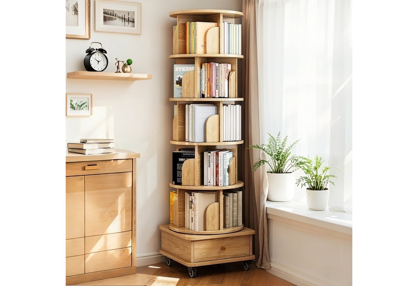Luckice Bücherregal 6 StöCkiges Drehregal, 360° Drehbares Rundregal mit Rollen, Set, Platzsparendes Drehregal füR Kleine RäUme Bild 3