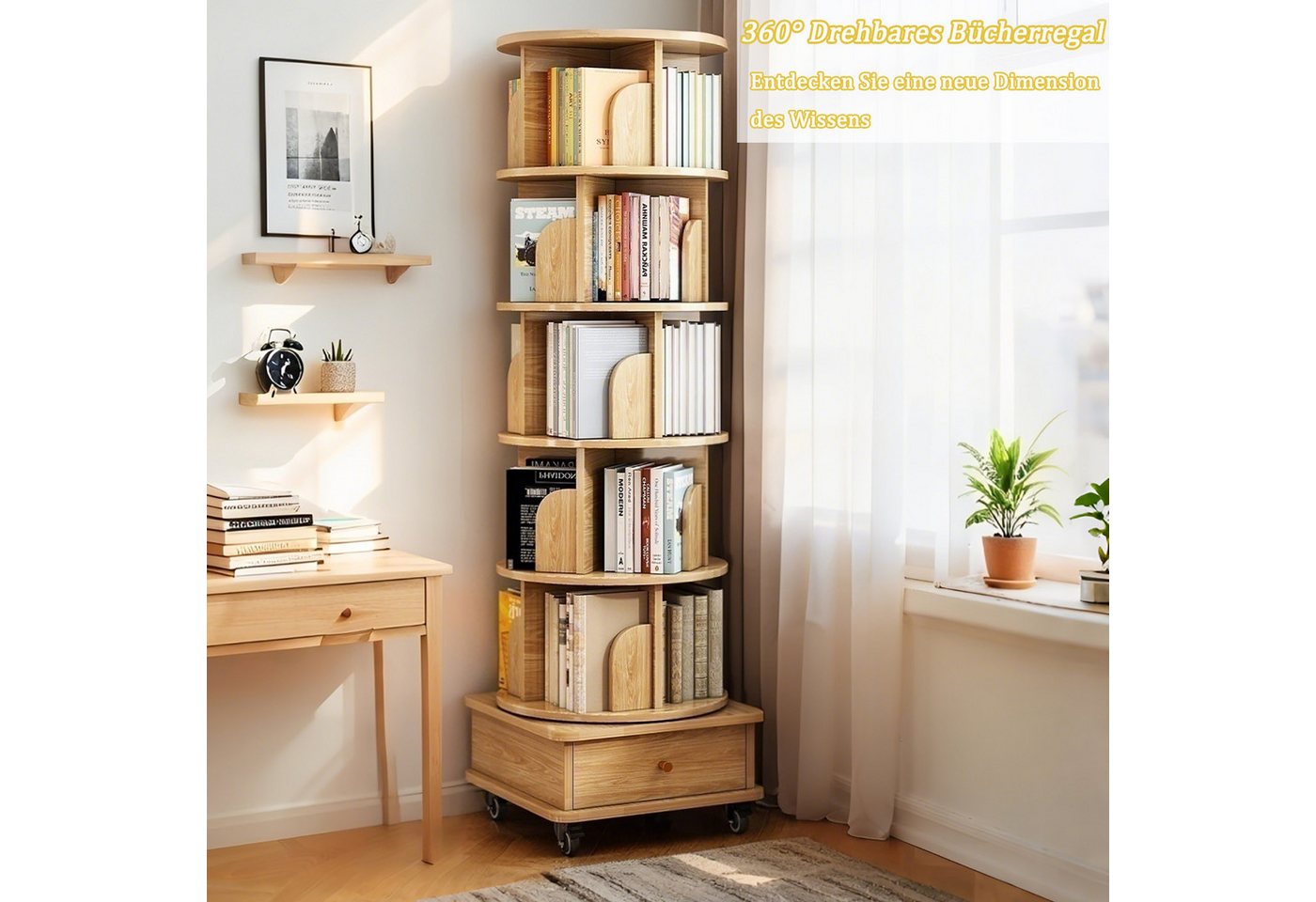 Luckice Bücherregal 6 StöCkiges Drehregal, 360° Drehbares Rundregal mit Rollen, Set, Platzsparendes Drehregal füR Kleine RäUme Bild 4