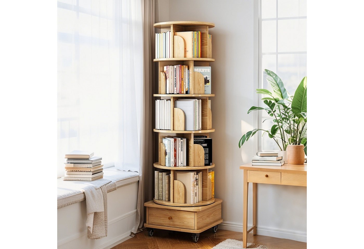 Luckice Bücherregal 6 StöCkiges Drehregal, 360° Drehbares Rundregal mit Rollen, Set, Platzsparendes Drehregal füR Kleine RäUme Bild 5