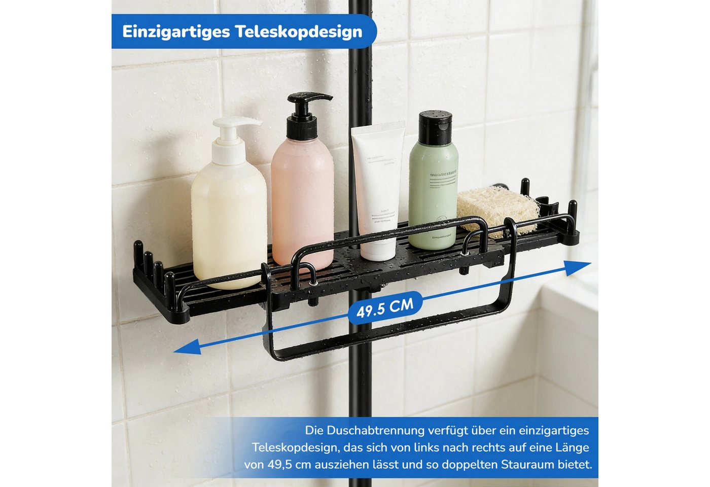BlingBin Duschablage Ohne Bohren, 32-49,5cm Ausziehbarer Duschhalter für 18mm-26mm, 1er Set 1-tlg., Hängen Teleskopisch Aufbewahrungsregal für Badezimmer, Schwarz