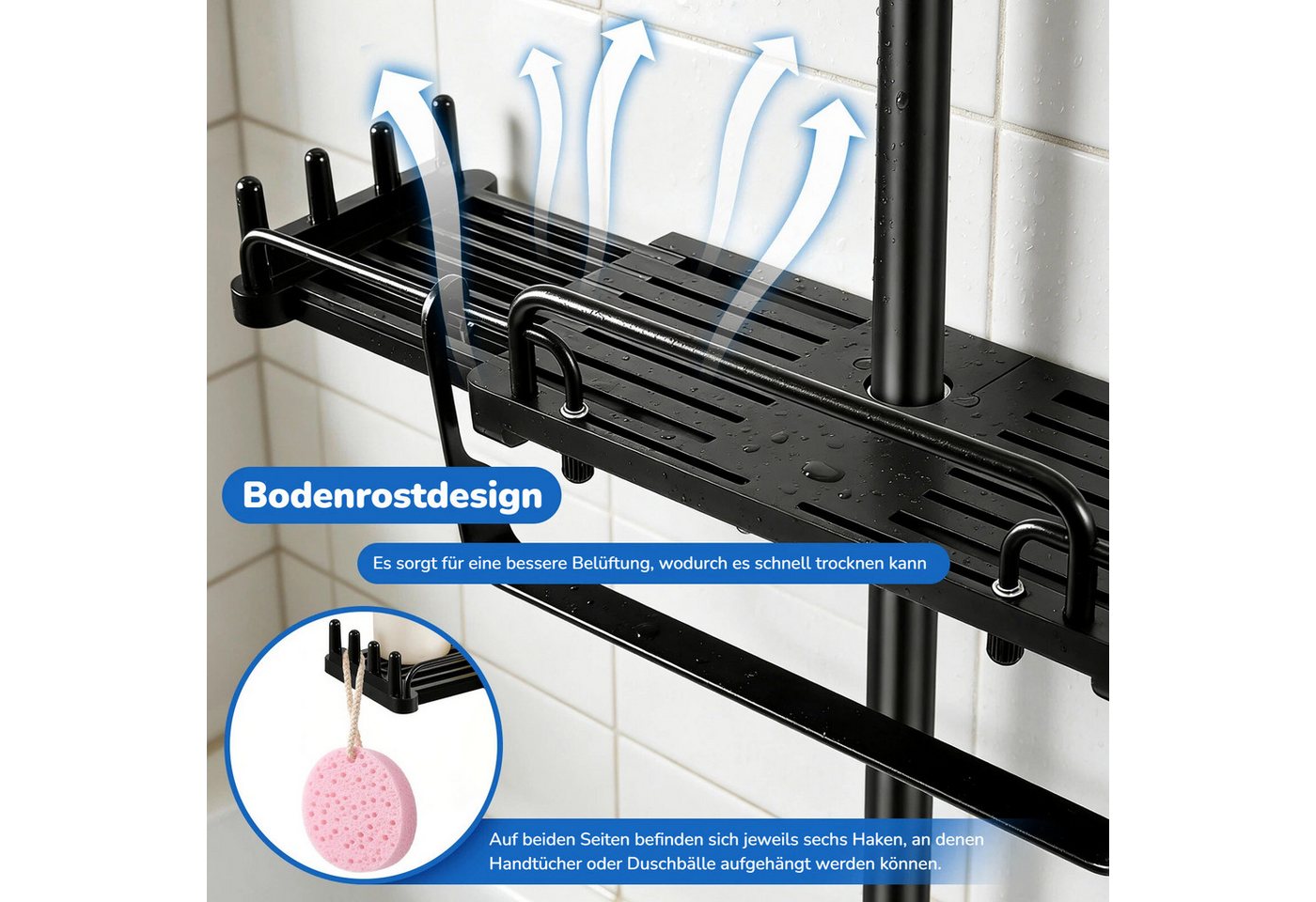 BlingBin Duschablage Ohne Bohren, 32-49,5cm Ausziehbarer Duschhalter für 18mm-26mm, 1er Set 1-tlg., Hängen Teleskopisch Aufbewahrungsregal für Badezimmer, Schwarz Bild 2