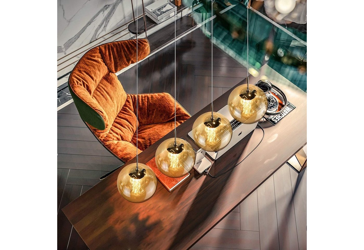 ZMH Pendelleuchte Esstisch Pendellampe Höhenverstellbar 4 Flammig Glas Bild 4