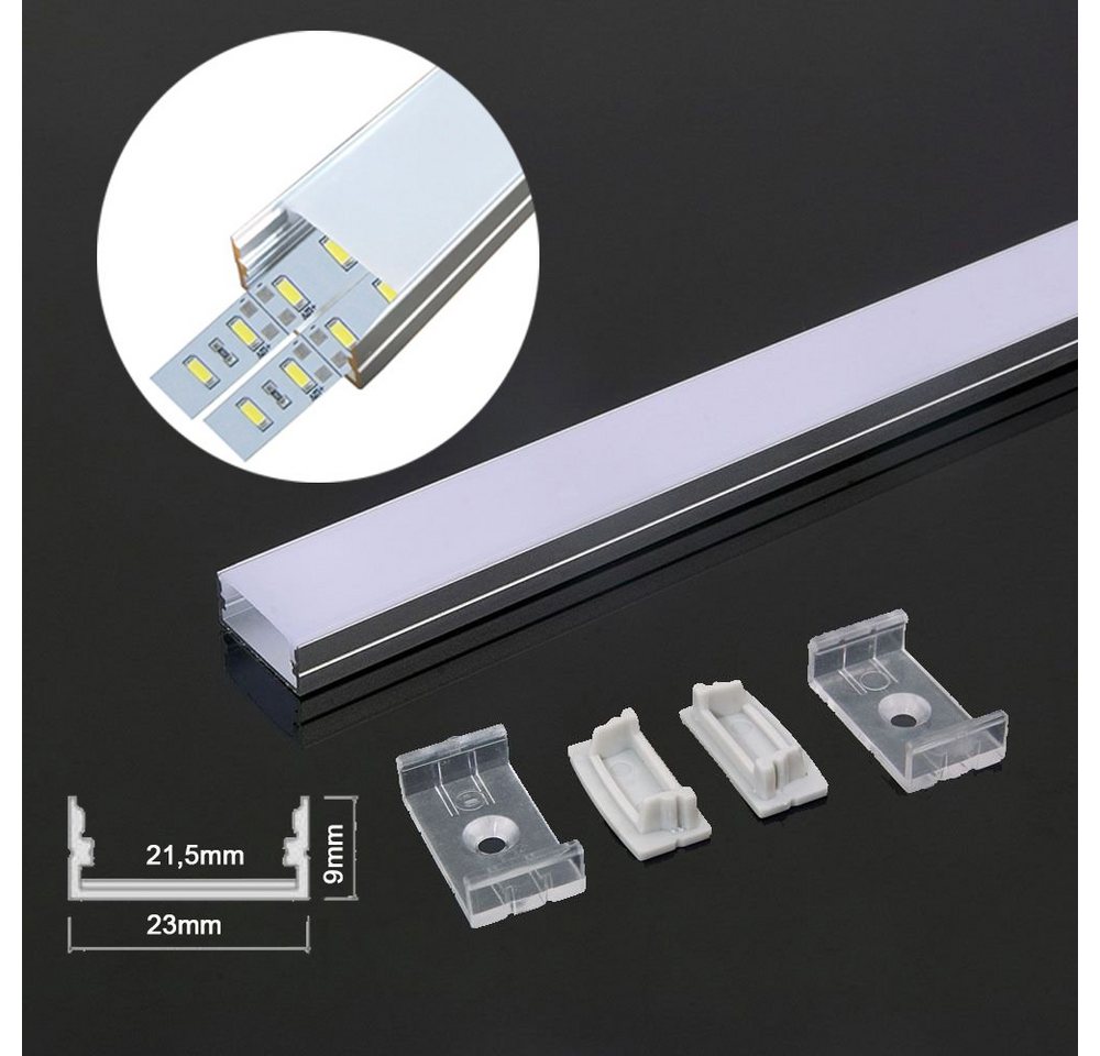 ENERGMiX LED-Stripe-Profil 2 Meter 23mm Breite Aluprofil Alu Schiene Profil LED Kanal für LED, Kanal system für LED Leiste für LED Streifen 2m. milchglas abdeckung Bild 2