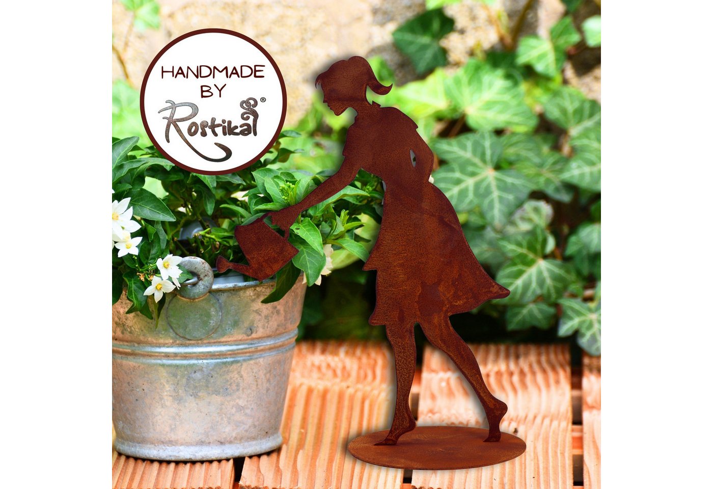 Rostikal Gartenfigur Gärtnerin Dekofigur Edelrost Gartendeko, echter Rost Bild 3