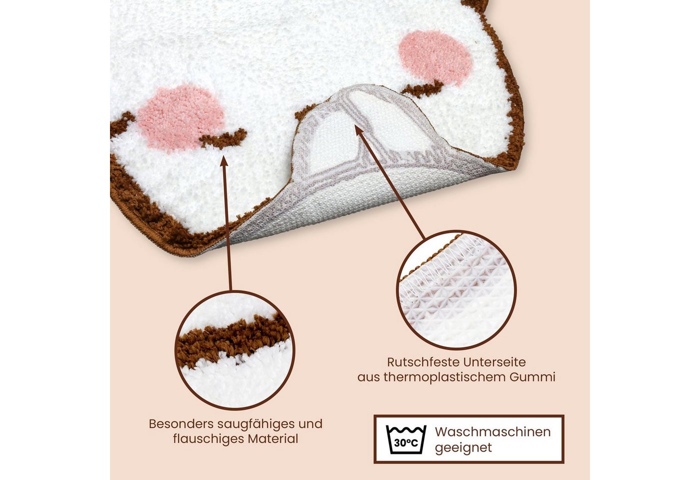 6vibes Badematte Molang, Konturteppich fürs Badezimmer 55 x 75 cm, rutschfest, saugstark, schnell trocknend, super weich & Maschinenwaschbar 30°C, Polyester, Waving Molang, offizielles Molang Lizenz Produkt Bild 5