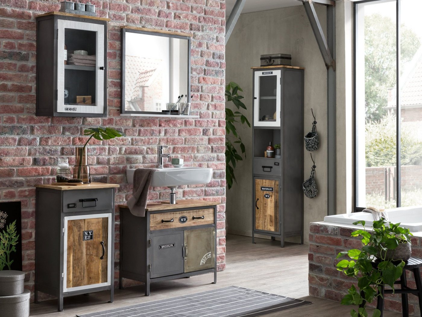 massivum Waschbeckenunterschrank Pinetown, Badschrank grau, Metall-Holz Mix Bild 5
